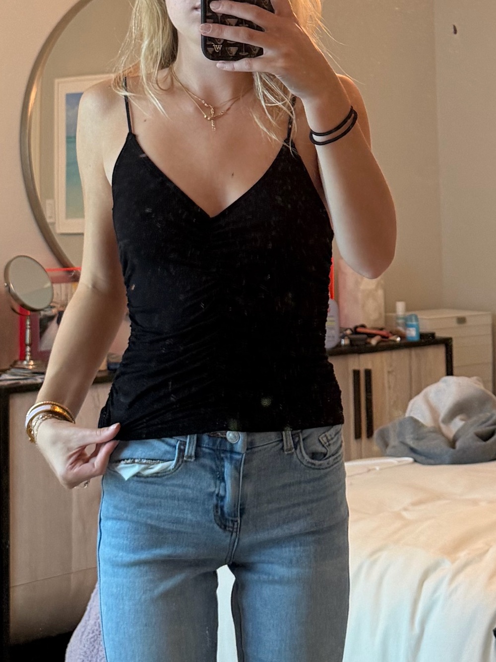 Forever 21 Black V-Neck Ruched Spaghetti Strap Tank